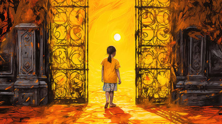 Concept illustration of a young girl stands in front of a magical gate emitting a bright yellow light, the gate is surrounded by a forest with tall trees and lush vegetation. Generative AIの素材