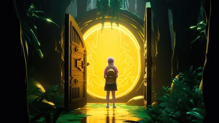 Concept illustration of a young girl stands in front of a magical gate emitting a bright yellow light, the gate is surrounded by a forest with tall trees and lush vegetation. Generative AIの素材