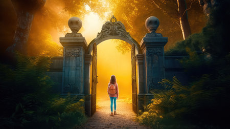 Concept illustration of a young girl stands in front of a magical gate emitting a bright yellow light, the gate is surrounded by a forest with tall trees and lush vegetation. Generative AIの素材