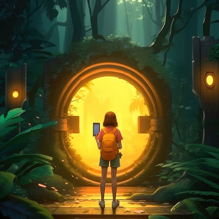 Concept illustration of a young girl stands in front of a magical gate emitting a bright yellow light, the gate is surrounded by a forest with tall trees and lush vegetation. Generative AIの素材