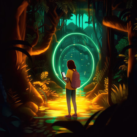 Concept illustration of a young girl stands in front of a magical gate emitting a bright yellow light, the gate is surrounded by a forest with tall trees and lush vegetation. Generative AIの素材