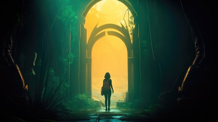 Concept illustration of a young girl stands in front of a magical gate emitting a bright yellow light, the gate is surrounded by a forest with tall trees and lush vegetation. Generative AIの素材