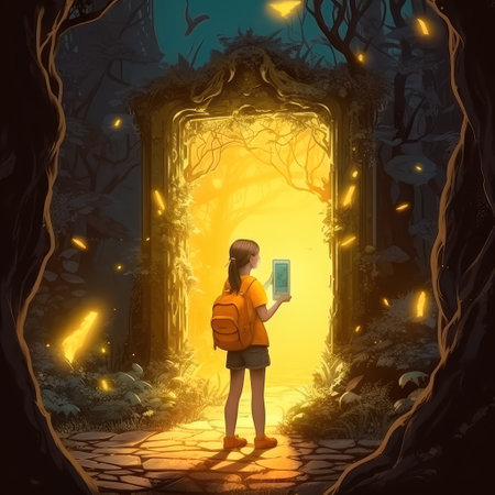 Concept illustration of a young girl stands in front of a magical gate emitting a bright yellow light, the gate is surrounded by a forest with tall trees and lush vegetation. Generative AIの素材