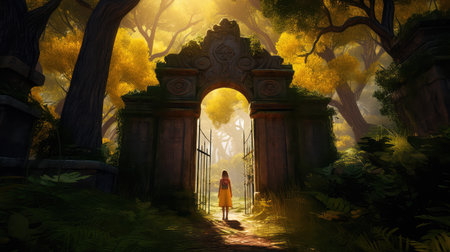 Concept illustration of a young girl stands in front of a magical gate emitting a bright yellow light, the gate is surrounded by a forest with tall trees and lush vegetation. Generative AIの素材