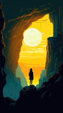 Concept illustration of a young girl stands in front of a magical gate emitting a bright yellow light, the gate is surrounded by a forest with tall trees and lush vegetation. Generative AIの素材