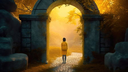 Concept illustration of a young girl stands in front of a magical gate emitting a bright yellow light, the gate is surrounded by a forest with tall trees and lush vegetation. Generative AIの素材