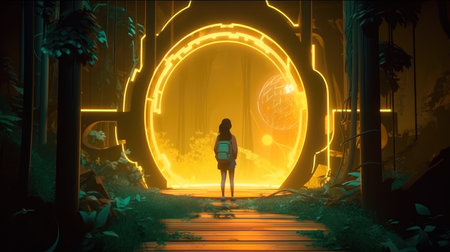 Concept illustration of a young girl stands in front of a magical gate emitting a bright yellow light, the gate is surrounded by a forest with tall trees and lush vegetation. Generative AIの素材
