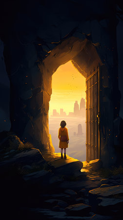 Concept illustration of a young girl stands in front of a magical gate emitting a bright yellow light, the gate is surrounded by a forest with tall trees and lush vegetation. Generative AIの素材
