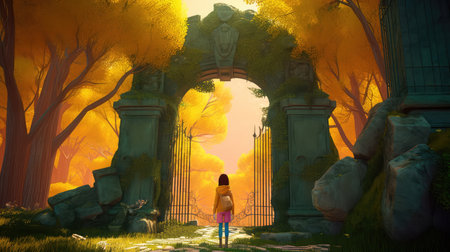 Concept illustration of a young girl stands in front of a magical gate emitting a bright yellow light, the gate is surrounded by a forest with tall trees and lush vegetation. Generative AIの素材