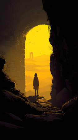 Concept illustration of a young girl stands in front of a magical gate emitting a bright yellow light, the gate is surrounded by a forest with tall trees and lush vegetation. Generative AIの素材