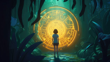 Concept illustration of a young girl stands in front of a magical gate emitting a bright yellow light, the gate is surrounded by a forest with tall trees and lush vegetation. Generative AIの素材