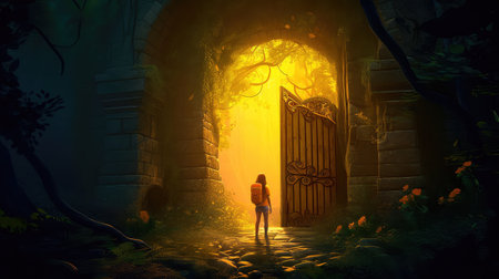 Concept illustration of a young girl stands in front of a magical gate emitting a bright yellow light, the gate is surrounded by a forest with tall trees and lush vegetation. Generative AIの素材
