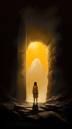 Concept illustration of a young girl stands in front of a magical gate emitting a bright yellow light, the gate is surrounded by a forest with tall trees and lush vegetation. Generative AIの素材