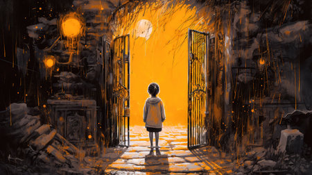 Concept illustration of a young girl stands in front of a magical gate emitting a bright yellow light, the gate is surrounded by a forest with tall trees and lush vegetation. Generative AIの素材