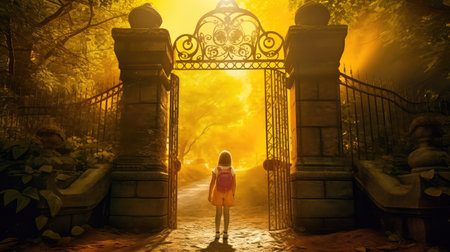 Concept illustration of a young girl stands in front of a magical gate emitting a bright yellow light, the gate is surrounded by a forest with tall trees and lush vegetation. Generative AIの素材