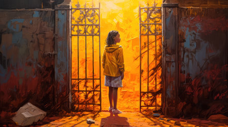 Concept illustration of a young girl stands in front of a magical gate emitting a bright yellow light, the gate is surrounded by a forest with tall trees and lush vegetation. Generative AIの素材