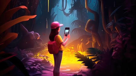 Concept illustration of a young girl stands in front of a magical gate emitting a bright yellow light, the gate is surrounded by a forest with tall trees and lush vegetation. Generative AIの素材