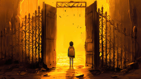 Concept illustration of a young girl stands in front of a magical gate emitting a bright yellow light, the gate is surrounded by a forest with tall trees and lush vegetation. Generative AIの素材