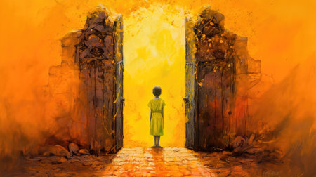 Concept illustration of a young girl stands in front of a magical gate emitting a bright yellow light, the gate is surrounded by a forest with tall trees and lush vegetation. Generative AIの素材