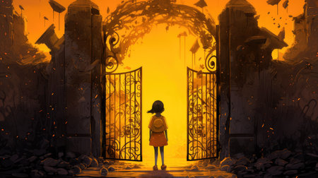 Concept illustration of a young girl stands in front of a magical gate emitting a bright yellow light, the gate is surrounded by a forest with tall trees and lush vegetation. Generative AIの素材