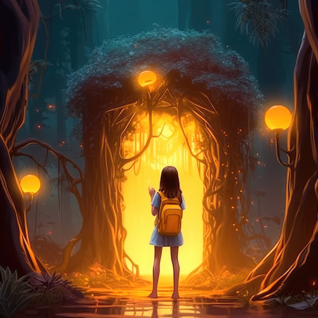 Concept illustration of a young girl stands in front of a magical gate emitting a bright yellow light, the gate is surrounded by a forest with tall trees and lush vegetation. Generative AIの素材