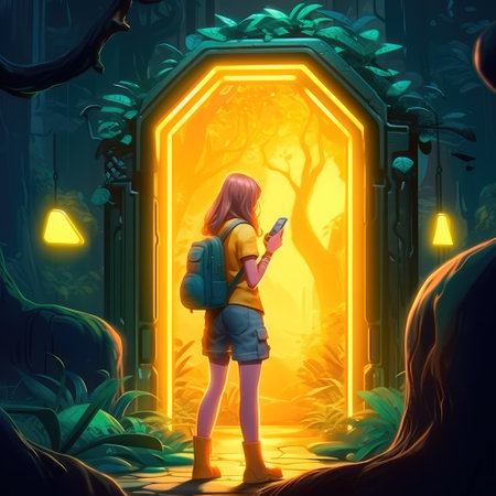 Concept illustration of a young girl stands in front of a magical gate emitting a bright yellow light, the gate is surrounded by a forest with tall trees and lush vegetation. Generative AIの素材