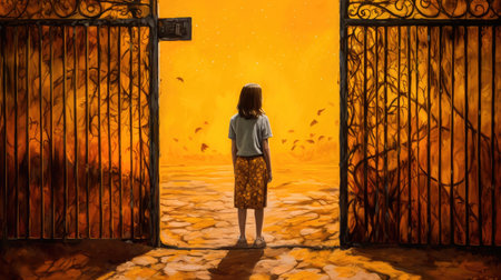 Concept illustration of a young girl stands in front of a magical gate emitting a bright yellow light, the gate is surrounded by a forest with tall trees and lush vegetation. Generative AIの素材