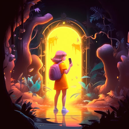 Concept illustration of a young girl stands in front of a magical gate emitting a bright yellow light, the gate is surrounded by a forest with tall trees and lush vegetation. Generative AIの素材