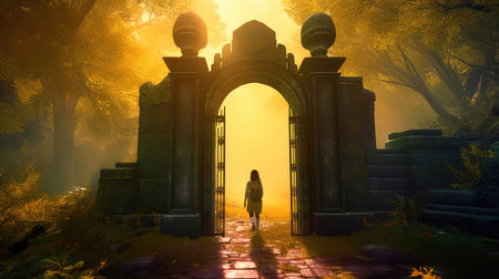 Concept illustration of a young girl stands in front of a magical gate emitting a bright yellow light, the gate is surrounded by a forest with tall trees and lush vegetation. Generative AIの素材
