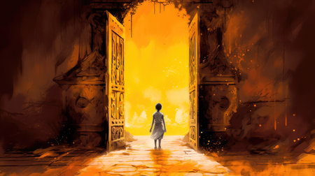 Concept illustration of a young girl stands in front of a magical gate emitting a bright yellow light, the gate is surrounded by a forest with tall trees and lush vegetation. Generative AIの素材