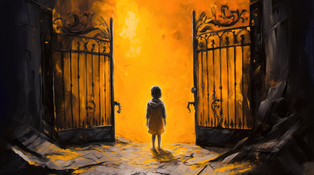 Concept illustration of a young girl stands in front of a magical gate emitting a bright yellow light, the gate is surrounded by a forest with tall trees and lush vegetation. Generative AIの素材