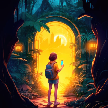 Concept illustration of a young girl stands in front of a magical gate emitting a bright yellow light, the gate is surrounded by a forest with tall trees and lush vegetation. Generative AIの素材