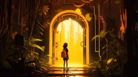 Concept illustration of a young girl stands in front of a magical gate emitting a bright yellow light, the gate is surrounded by a forest with tall trees and lush vegetation. Generative AIの素材