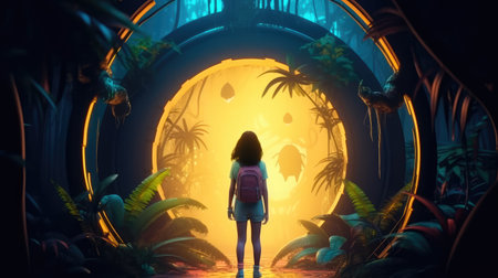 Concept illustration of a young girl stands in front of a magical gate emitting a bright yellow light, the gate is surrounded by a forest with tall trees and lush vegetation. Generative AIの素材