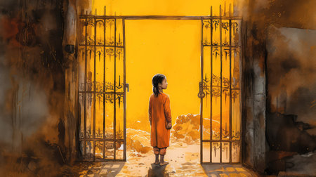 Concept illustration of a young girl stands in front of a magical gate emitting a bright yellow light, the gate is surrounded by a forest with tall trees and lush vegetation. Generative AIの素材