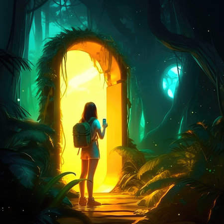Concept illustration of a young girl stands in front of a magical gate emitting a bright yellow light, the gate is surrounded by a forest with tall trees and lush vegetation. Generative AIの素材
