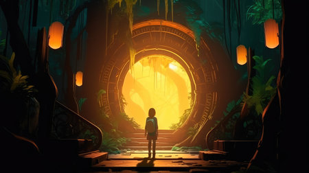 Concept illustration of a young girl stands in front of a magical gate emitting a bright yellow light, the gate is surrounded by a forest with tall trees and lush vegetation. Generative AIの素材