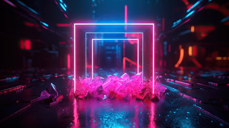 Concept illustration of abstraction of neon geometric shapes with crystals. Generative AIの素材