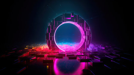 Concept illustration of abstraction of neon geometric shapes with crystals. Generative AIの素材
