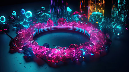 Concept illustration of abstraction of neon geometric shapes with crystals. Generative AIの素材