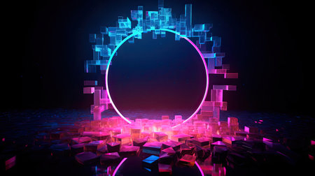 Concept illustration of abstraction of neon geometric shapes with crystals. Generative AIの素材