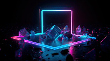 Concept illustration of abstraction of neon geometric shapes with crystals. Generative AIの素材
