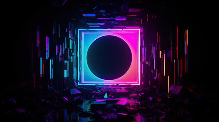 Concept illustration of abstraction of neon geometric shapes with crystals. Generative AIの素材