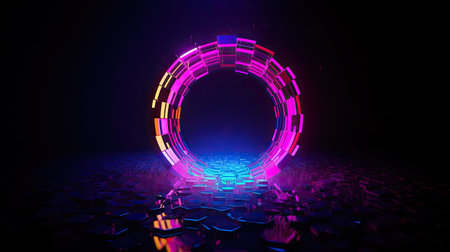 Concept illustration of abstraction of neon geometric shapes with crystals. Generative AIの素材