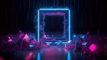 Concept illustration of abstraction of neon geometric shapes with crystals. Generative AIの素材