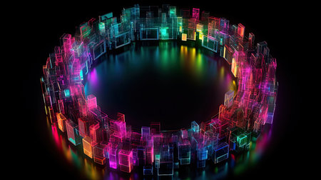 Concept illustration of abstraction of neon geometric shapes with crystals. Generative AIの素材