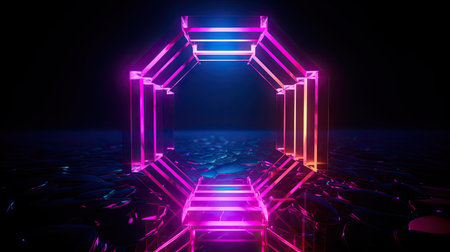 Concept illustration of abstraction of neon geometric shapes with crystals. Generative AIの素材