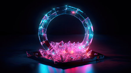 Concept illustration of abstraction of neon geometric shapes with crystals. Generative AIの素材
