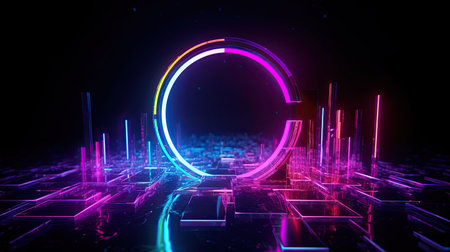 Concept illustration of abstraction of neon geometric shapes with crystals. Generative AIの素材