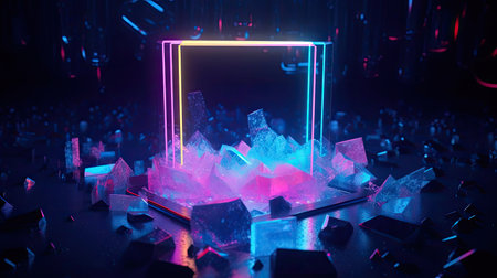Concept illustration of abstraction of neon geometric shapes with crystals. Generative AIの素材